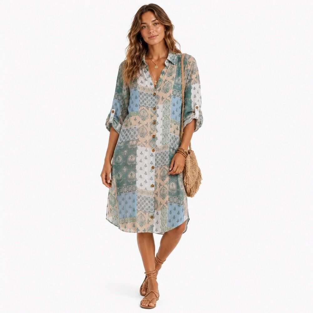 Mile Gabrielle Blue Patchwork Floral Button Front Tunic Dress Boho Chic Size XL